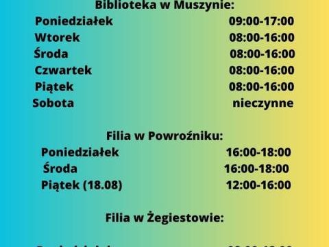 Sierpniowe godziny pracy Biblioteki Publicznej Miasta i Gminy Uzdrowiskowej Muszyna