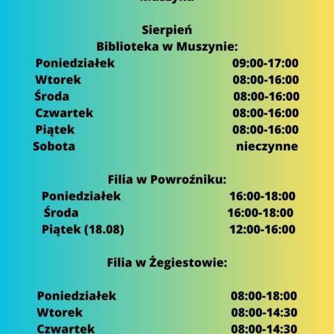Sierpniowe godziny pracy Biblioteki Publicznej Miasta i Gminy Uzdrowiskowej Muszyna